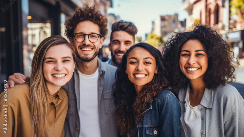 Young diverse group of friends having fun outside the class in the city background. Happy cheerful gen z people take selfie photo at outdoor banner. - obrazy, fototapety, plakaty 