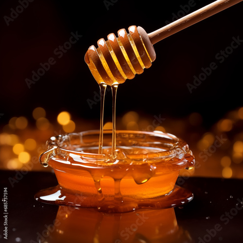 Honey jar and honey pouring from dipper. Generative Ai