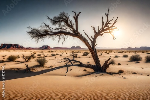 Front view of a desert planetscape featuring a dead tree. digital art.