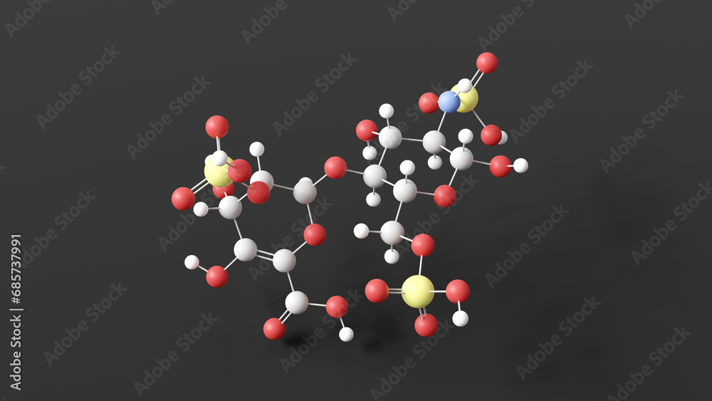 heparin molecular structure, unfractionated heparin, ball and stick 3d model, structural chemical formula with colored atoms heparin molecular structure, unfractionated heparin, ball and stick 3d model, structural chemical formula with colored atoms