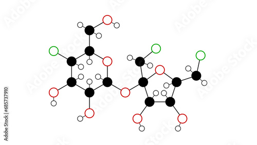 sucralose molecule, structural chemical formula, ball-and-stick model, isolated image artificial sweetener e955