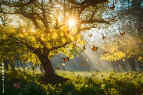 Fairy tree crowns illuminated by brilliant sunlight, accompanied by soaring dandelions and butterflies. Enchanted woodland in first light.