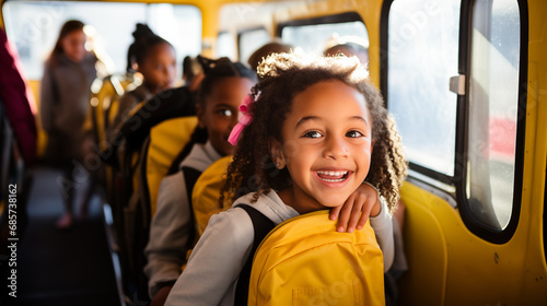 Girl smiling in school bus. Generative AI
