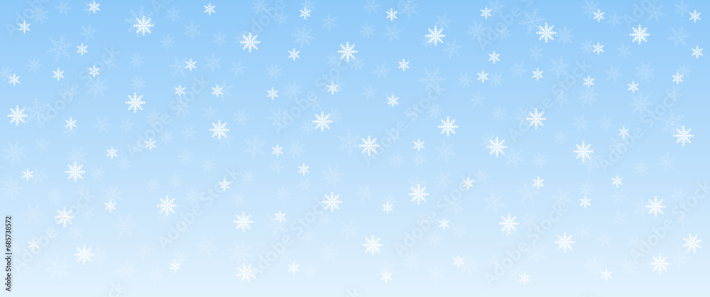 Winter Snowfall and snowflakes turquoise blue background. Cold winter Christmas and New Year background. Winter landscape with falling Christmas shining beautiful snow.	
