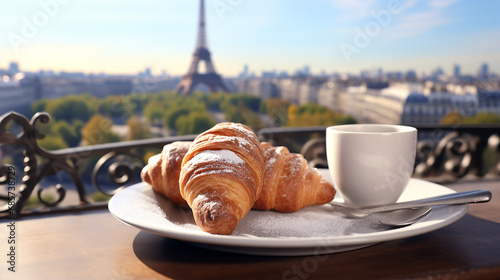 Croissant on a porcelain plate  traditional food in Paris. Beautiful city background. Eiffel Tower. Romantic setting.