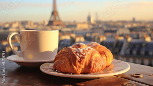 Croissant on a porcelain plate, traditional food in Paris. Beautiful city background. Eiffel Tower. Romantic setting.