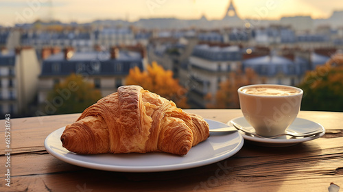 Croissant on a porcelain plate  traditional food in Paris. Beautiful city background. Eiffel Tower. Romantic setting.
