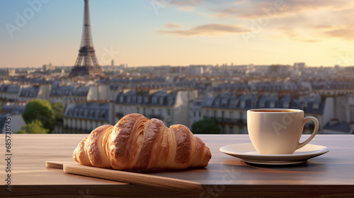 Croissant on a porcelain plate, traditional food in Paris. Beautiful city background. Eiffel Tower. Romantic setting.