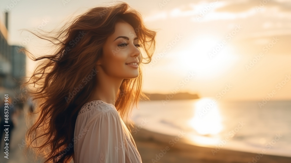 Woman in Marina. Attractive lady wearing a long dress admiring Marina harbor daylight view