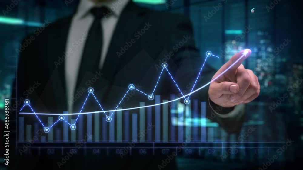 Male Financial Broker in Suit Drawing an Ascending Line and Bar Graph showing Quarter Profits 2024 Earnings Forecast. Record Earnings, Corporate Growth, Business Success. Virtual Augmented Reality. 