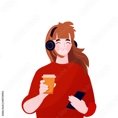 Cute character, woman is listening to an audiobook in headphones. Vector illustration.