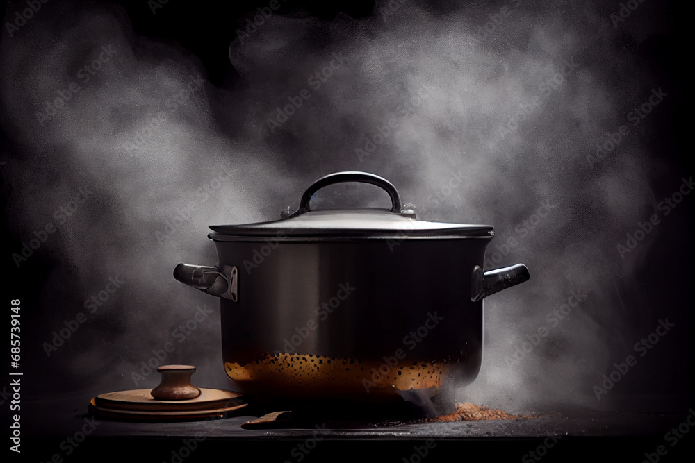 Metal pot with open lid and hot splashing boiling steam, Dark background. Abstract illustration. - obrazy, fototapety, plakaty 