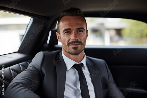 Smiling happy businessman in elegant suit at taxi. Generative AI © Nomad_Soul