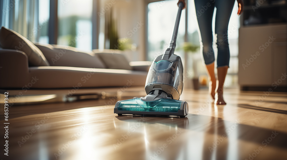 Fototapeta premium Young woman vacuuming the floor in the living room at home