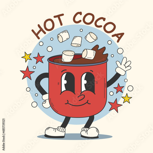 Cocoa mug with marshmallows in old classic cartoon style. Retro advertising character.