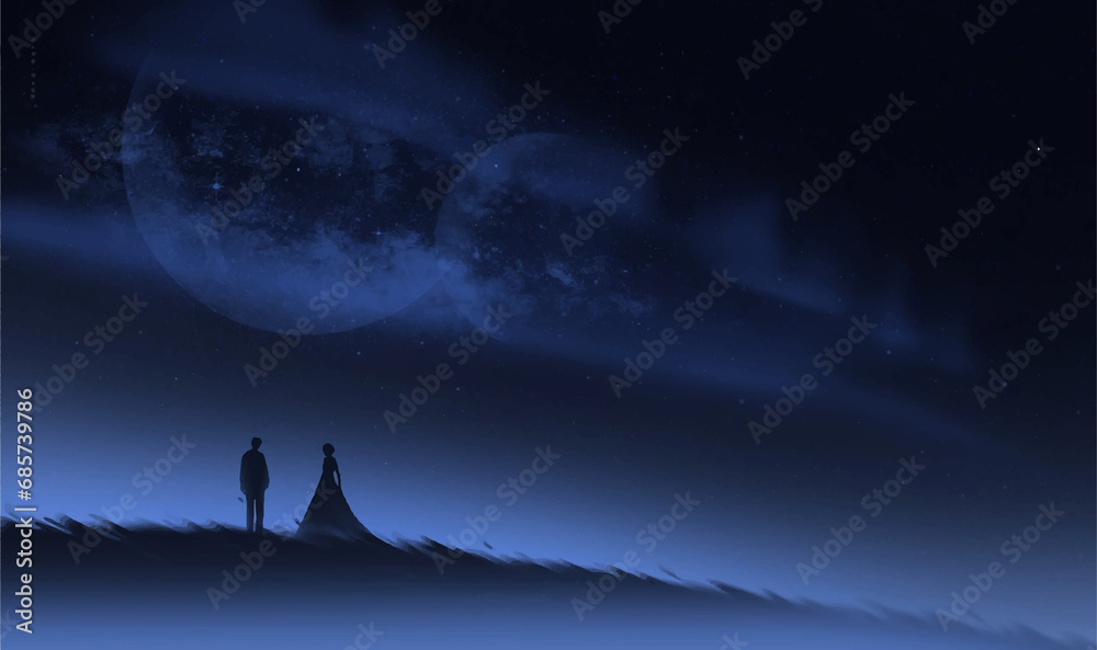 Original art of anime couple with the moon in the night