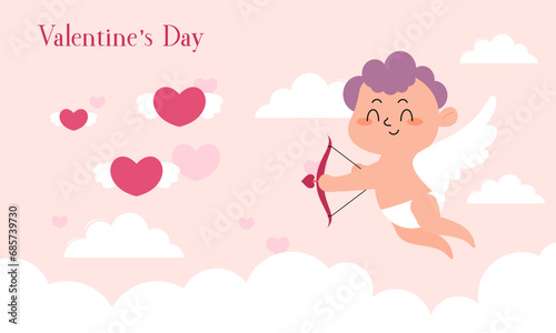 Valentine's Day Illustration with Cute Cupid Isolated on the Sky Clouds Background