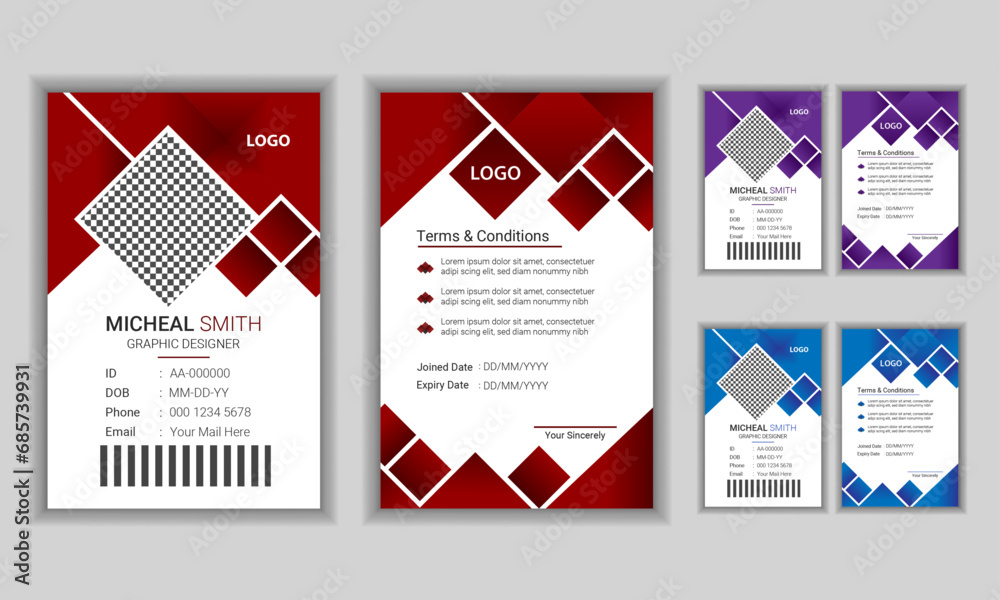 Minimal vector office ID card template design with multi color variation. Modern colorful creative corporate business identity card for employees with three color variations with Flat realistic style 