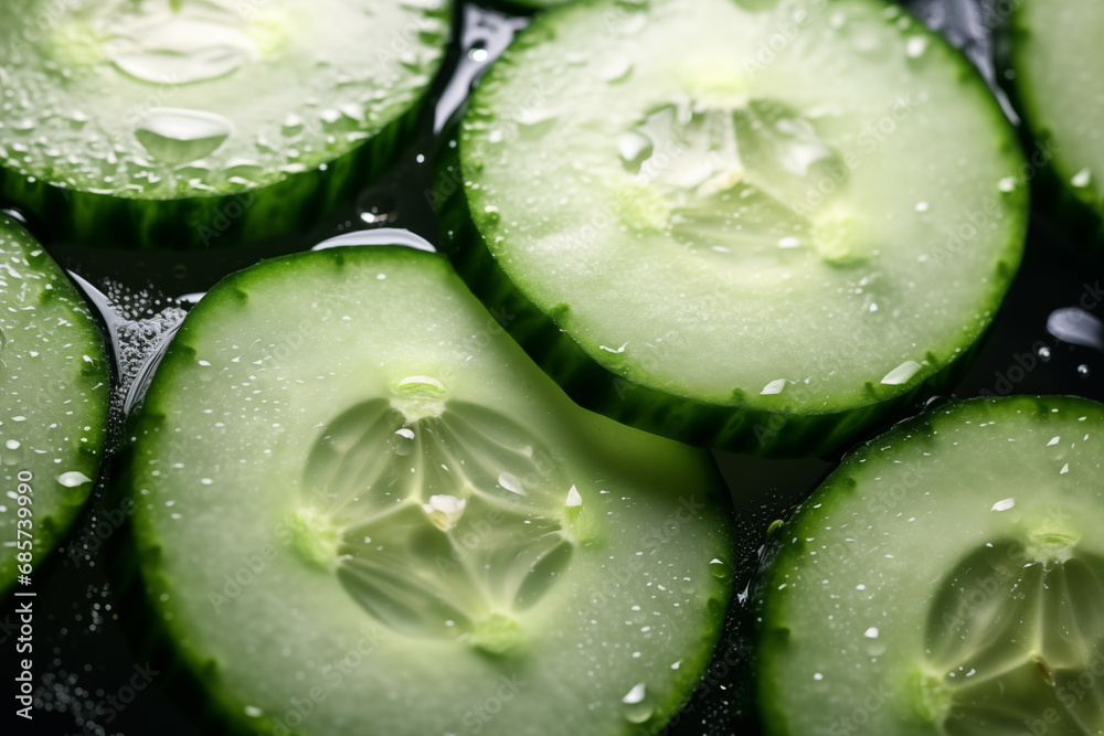 Fresh cucumber slices with droplets close-up. Generative AI Fresh cucumber slices with droplets close-up. Generative AI