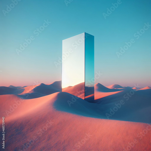A mirror monolith standing in the desert, light blue and pink sky