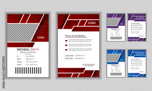 Minimal vector office ID card template design with multi color variation. Modern colorful creative corporate business identity card for employees with three color variations with Flat realistic style 