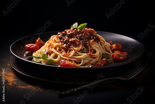 Dark plate with Italian spaghetti on dark