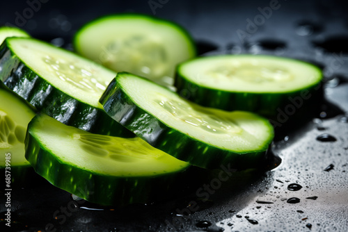 Cucumber slices on wooden surface closeup. Generative AI