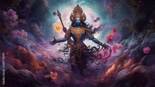 Vishnu in a cosmic scene, symbolizing the preservation and balance of the universe photo