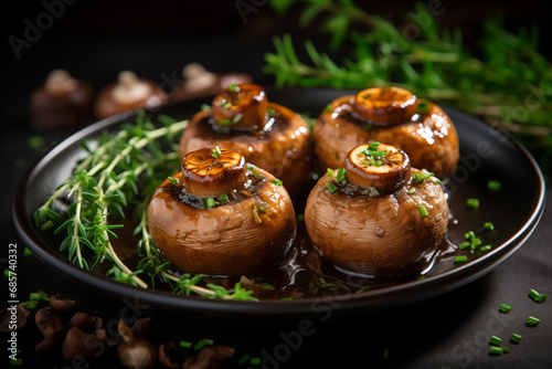 Baked succulent mushrooms on plate for dinner. Generative AI