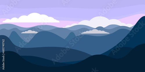 Panoramic view of the mountains. Flat illustration in blue tones. Horizontal background with mountain range. High-mountain landscape with mist and clouds. Minimalistic illustration.