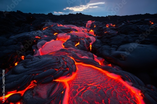 Viscous Hot lava flow. Magma crater sky. Generate Ai