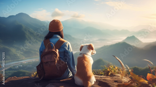 young woman with backpack and dog standing on mountain in front of forest and lake © Olga