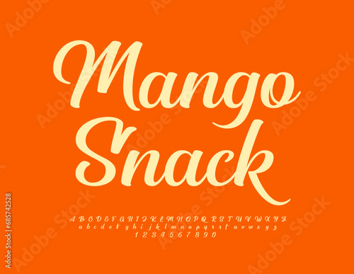 Vector stylish template Mango Snack. Beautiful Cursive Font. Modern style Alphabet Letters  Numbers and Symbols