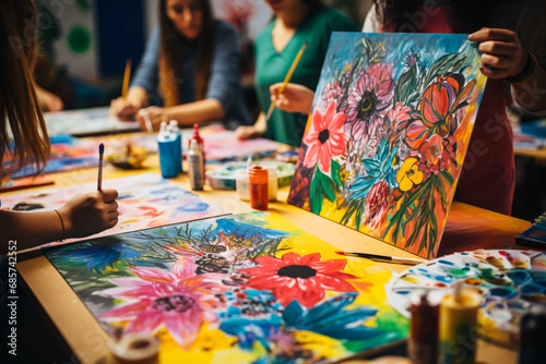 A photograph of a vibrant art therapy session  showcasing the power of creative outlets in promoting emotional expression and healing for individuals with mental health challenges