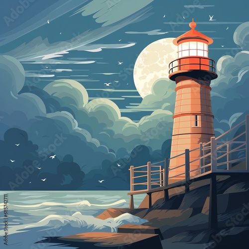 a lighthouse on a pier with a full moon in the sky