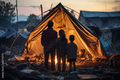 The family gathered in the blur of the camera in a makeshift tent after their home was destroyed by an earthquake photo
