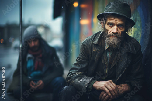 Unhappy homeless man with expressive eyes and mental illness sits on a cold street