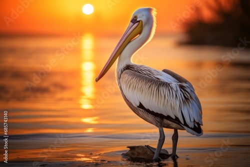 Photo of a pelican's elegant silhouette against the sunset. Generative AI