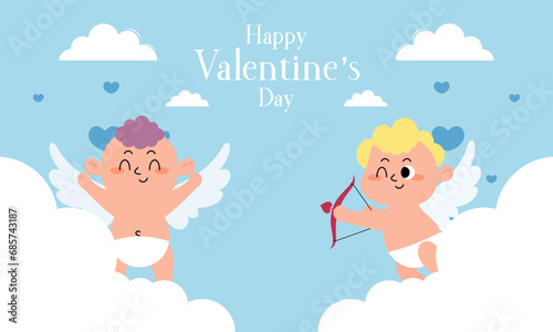 Valentine s Day Illustration with Cute Cupid Isolated on the Sky Clouds Background