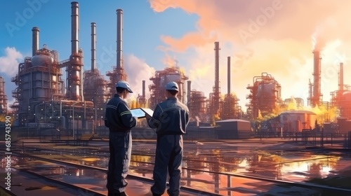 Engineers working at petrochemical and oil refinery plants
