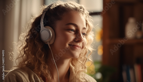 A Realistic Portrait of an Energetic Woman Enjoying Music in a Sunlit Living Room