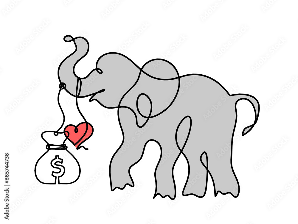 Fototapeta premium Silhouette of color abstract elephant with dollar as line drawing