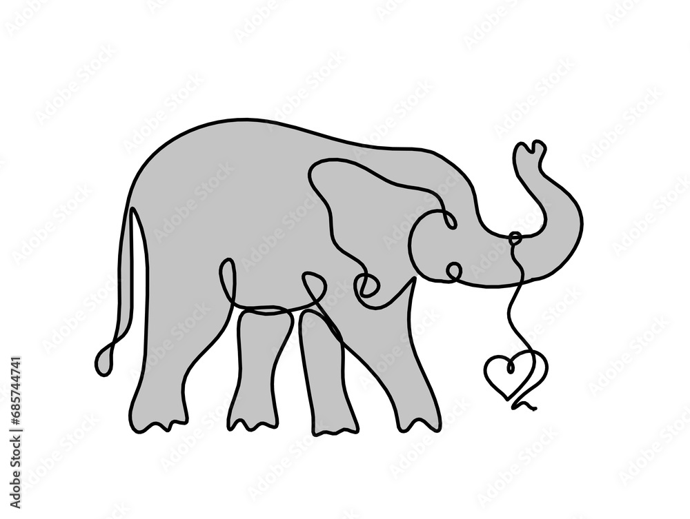 Silhouette of color abstract elephant with heart as line drawing