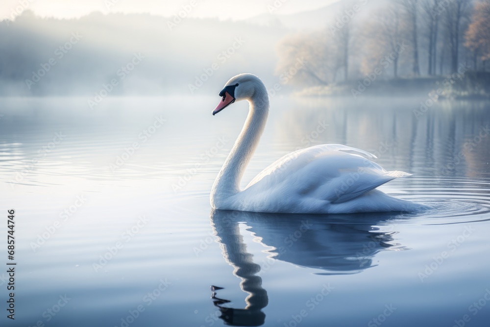 Photo of a serene swan gliding on a glassy lake. Generative AI