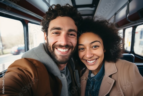 happy couple in love of different races hugging on a bus and taking a selfie © Maryna