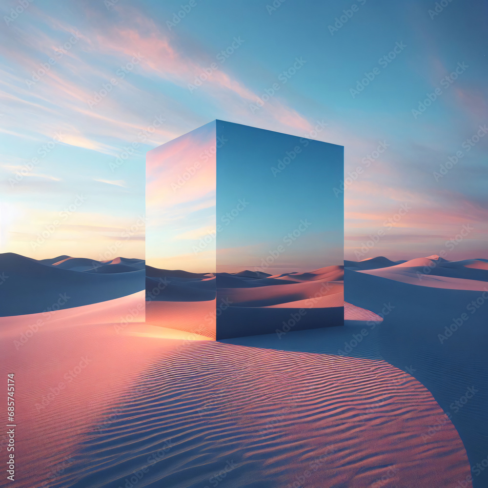 A mirror monolith standing in the desert, light blue and pink sky