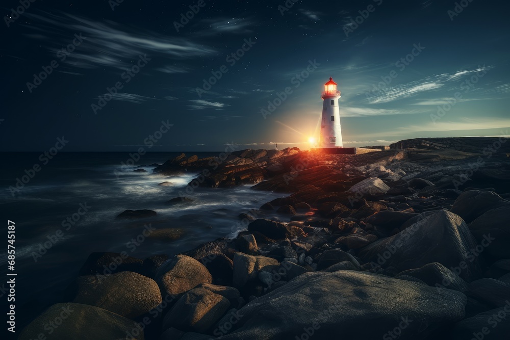 Majestic Illuminated lighthouse. Ocean light coastline. Generate Ai
