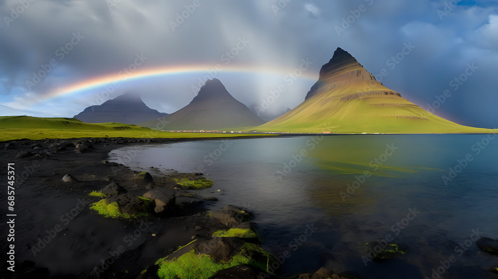 rainbow over lake. Generative AI