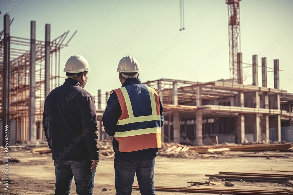 Project construction engineer and foreman in a construction site, rear view. Project construction engineer and foreman in a construction site, rear view.