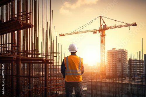 A civil engineer stands looking at the construction site with sunset.